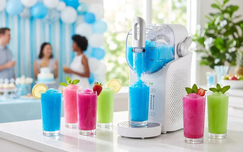 The ICEWAVE SMH-2A slushie machine ready for a summer party with blue, pink, and green slushies.
