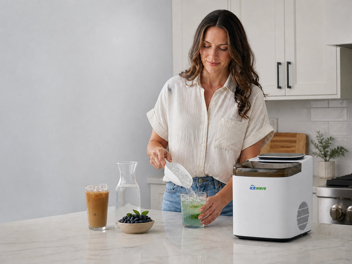 ICEWAVE ZB-13 countertop bullet ice maker in a bright home kitchen with a user scooping ice into a drink