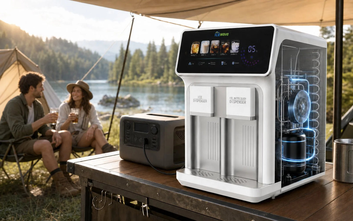 ICEWAVE ZSW-ZB21 countertop ice maker in an outdoor entertaining setup