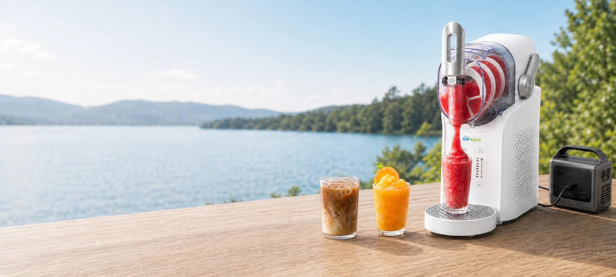 SMH-2A ICEWAVE slushie machine at a lakeside wooden bar counter, two slushie drinks — iced coffee and orange slushie — with bullet ice floating in the cups, peaceful lake and forest backdrop.