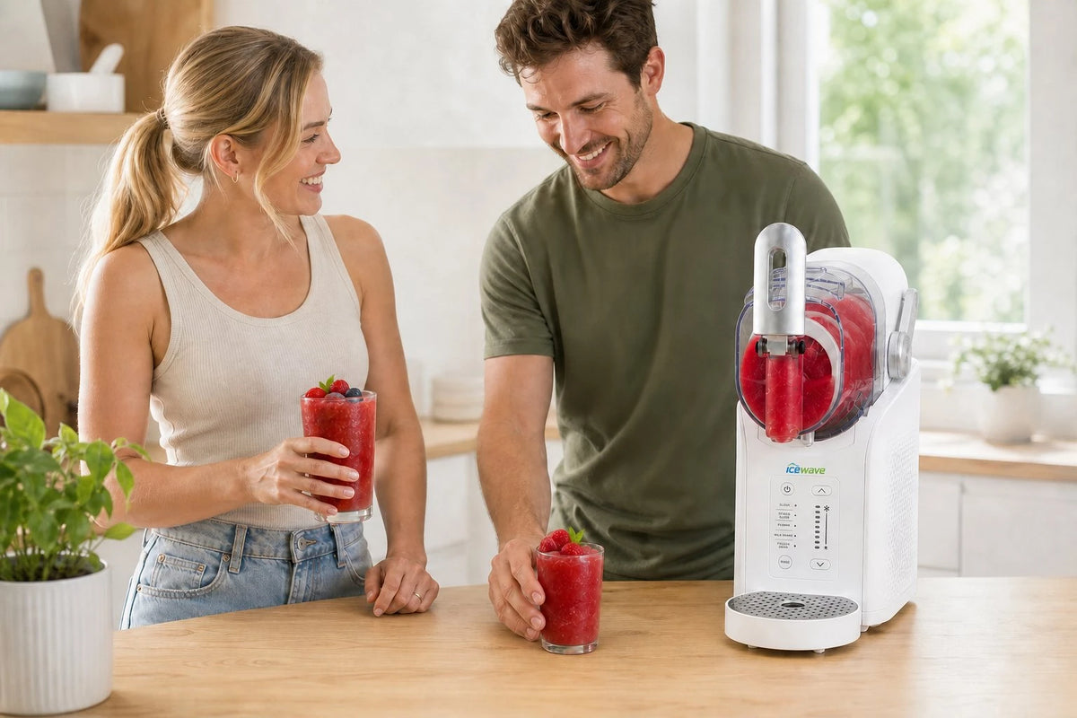 ICEWAVE owners enjoying berry slush made with an ICEWAVE slushie machine