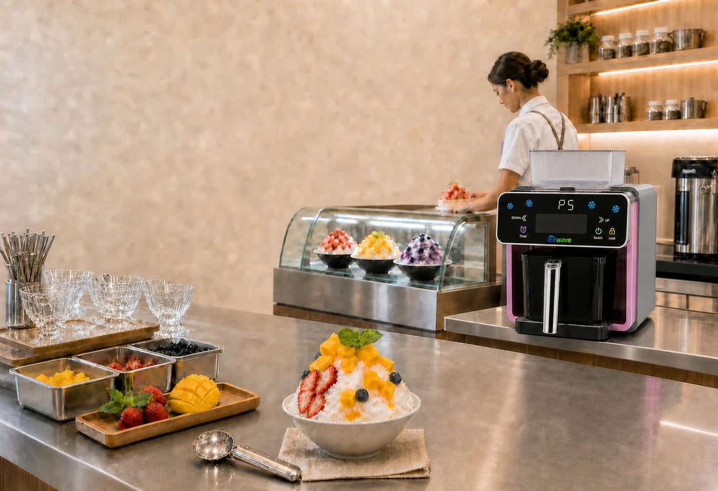 WS-003 ICEWAVE snowflake ice machine in a wood-lit cafe, barista plating colorful shaved ice bowls (strawberry, mango, blueberry) with ice cream display case behind, professional small-business dessert bar setup.