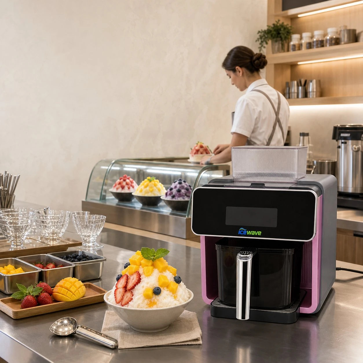 WS-003 ICEWAVE snowflake ice machine in modern dessert shop, female barista preparing shaved ice bowls with fresh fruit, glass display case with colorful ice desserts behind.