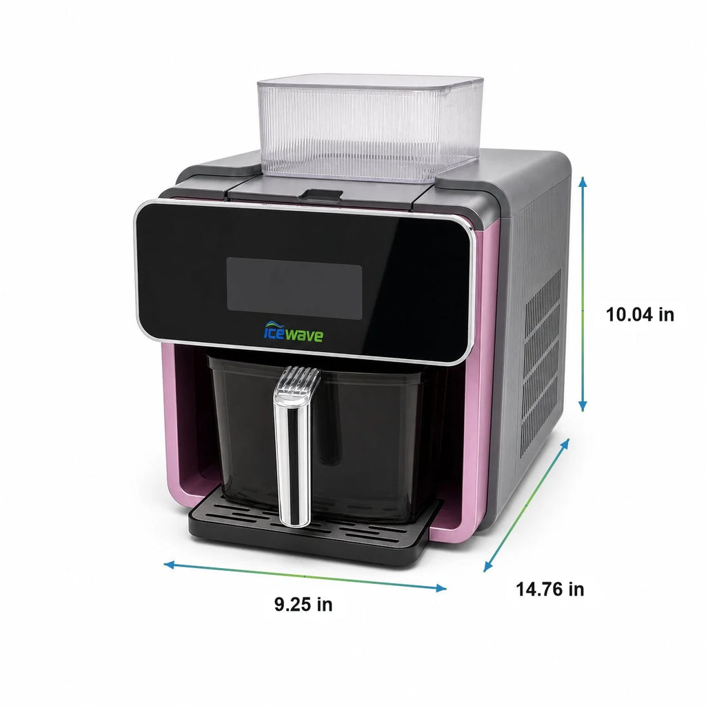 WS-003 ICEWAVE shaved ice machine dimension diagram on white background — width 9.25 in, depth 14.76 in, height 10.04 in, compact countertop design for home kitchen.
