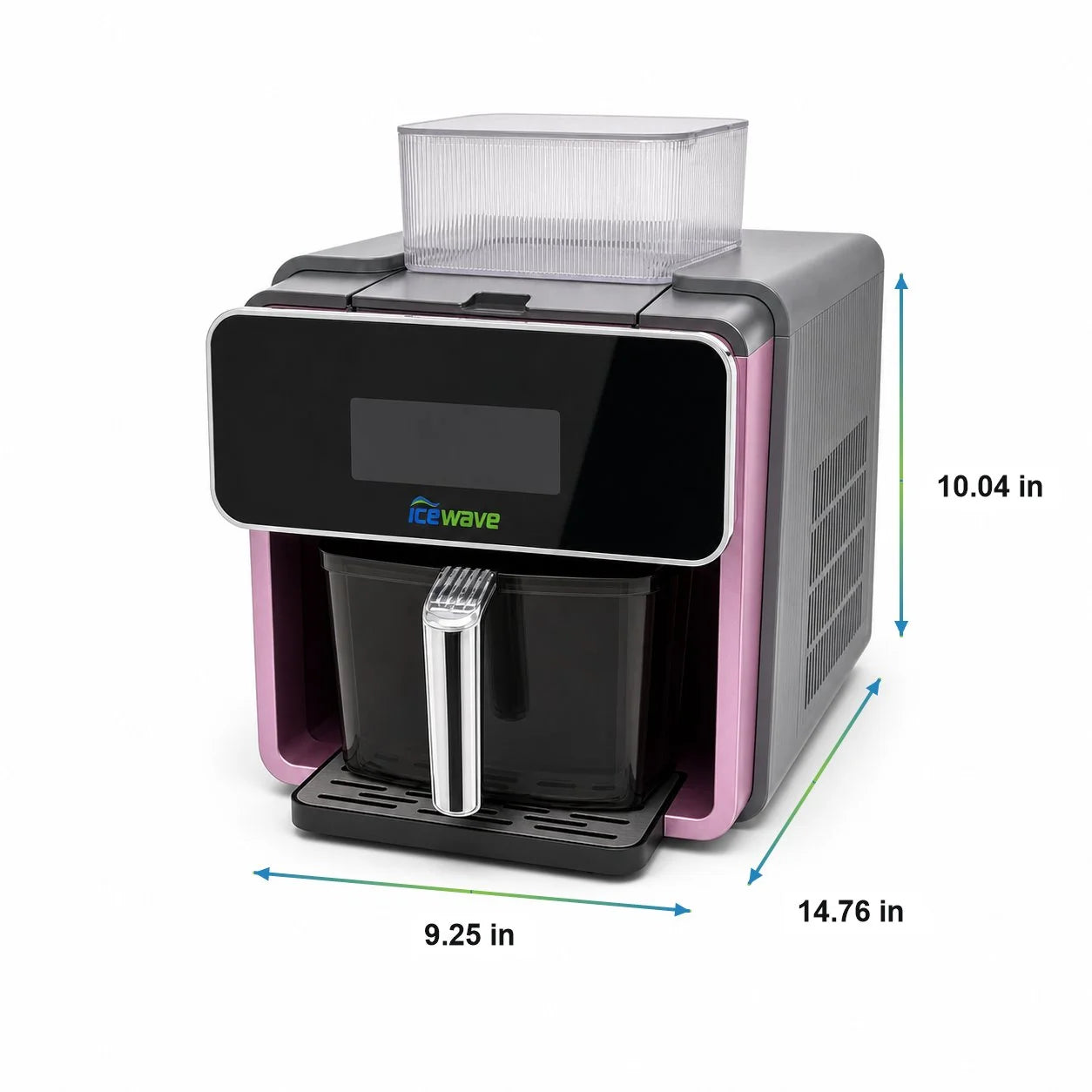 WS-003 ICEWAVE shaved ice machine dimension diagram on white background — width 9.25 in, depth 14.76 in, height 10.04 in, compact countertop design for home kitchen.
