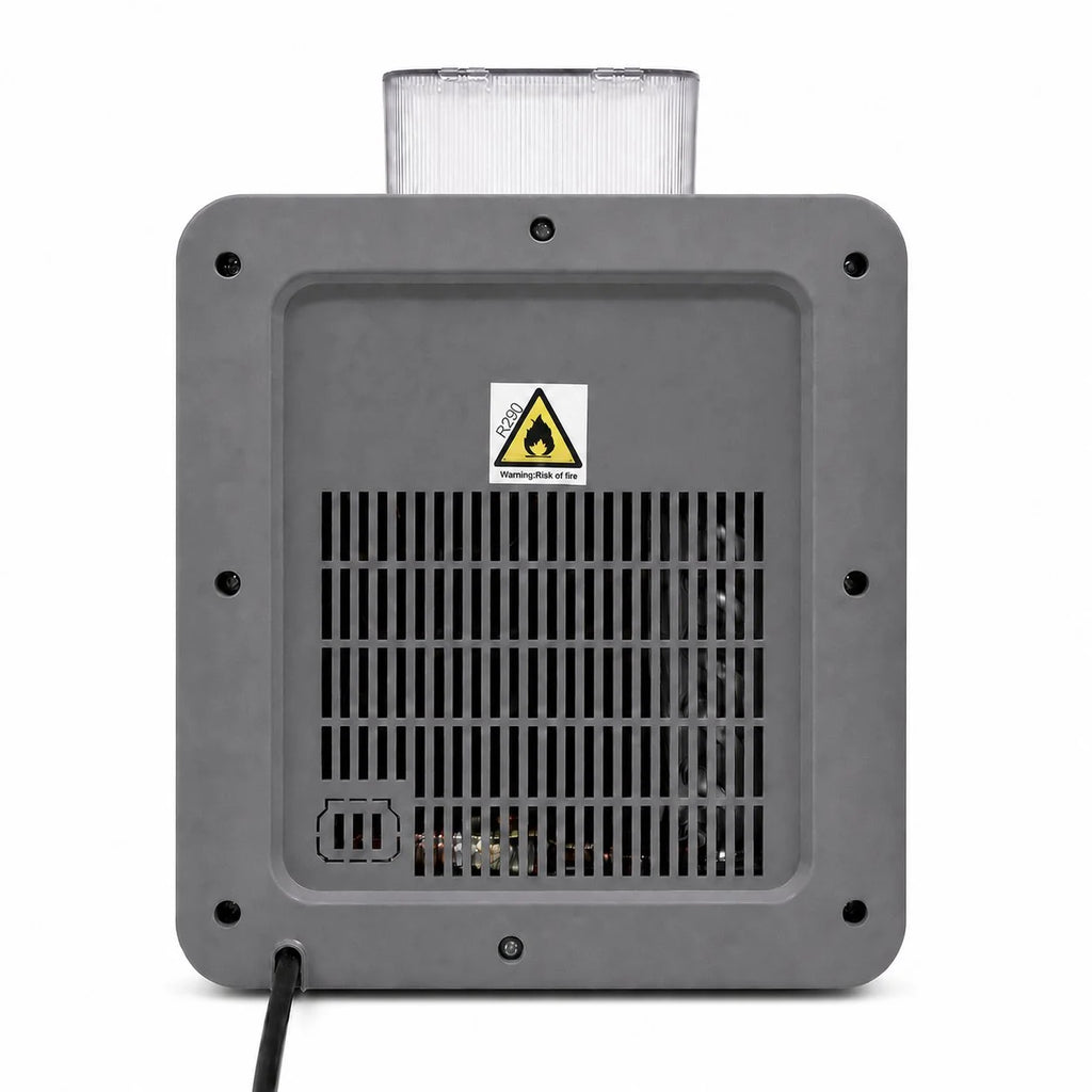WS-003 ICEWAVE shaved ice machine rear view showing ventilation grille and R290 eco-friendly refrigerant label with fire safety warning, cyclopentane foaming, recyclable PP housing.

