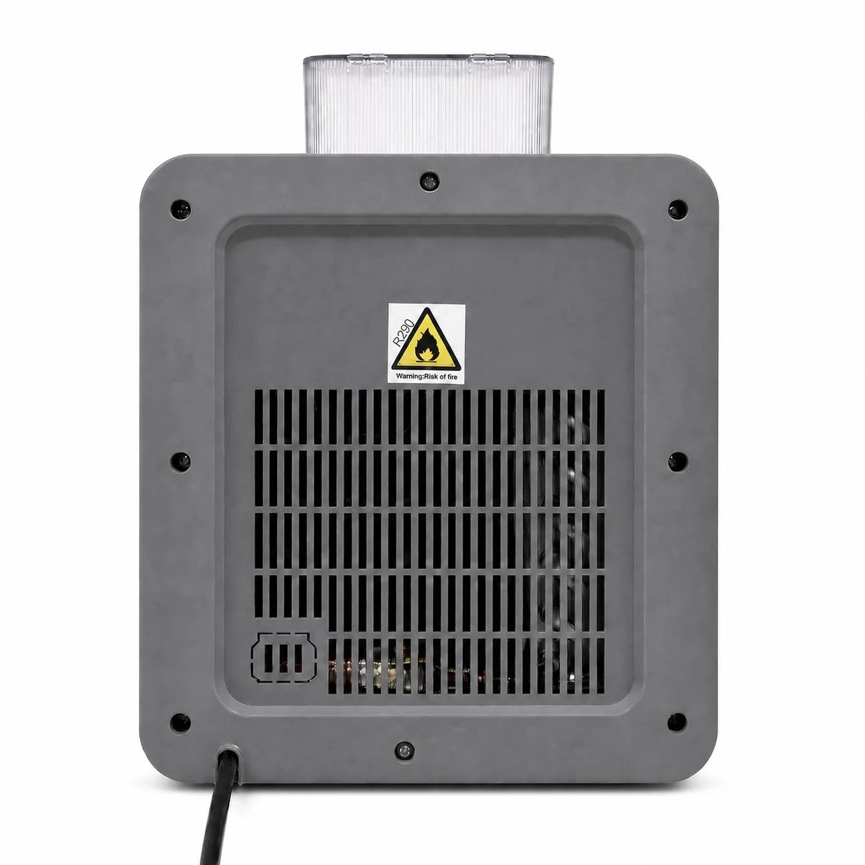 WS-003 ICEWAVE shaved ice machine rear view showing ventilation grille and R290 eco-friendly refrigerant label with fire safety warning, cyclopentane foaming, recyclable PP housing.

